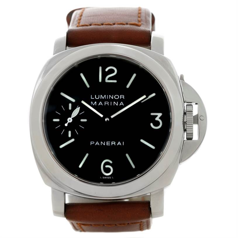 The image shows a front view of a Panerai Luminor PAM00111 Men's Stainless Steel Black Dial PAM00111 Men's Stainless Steel Black Dial Marina watch, highlighting its brown leather strap, black dial, and stainless steel case.