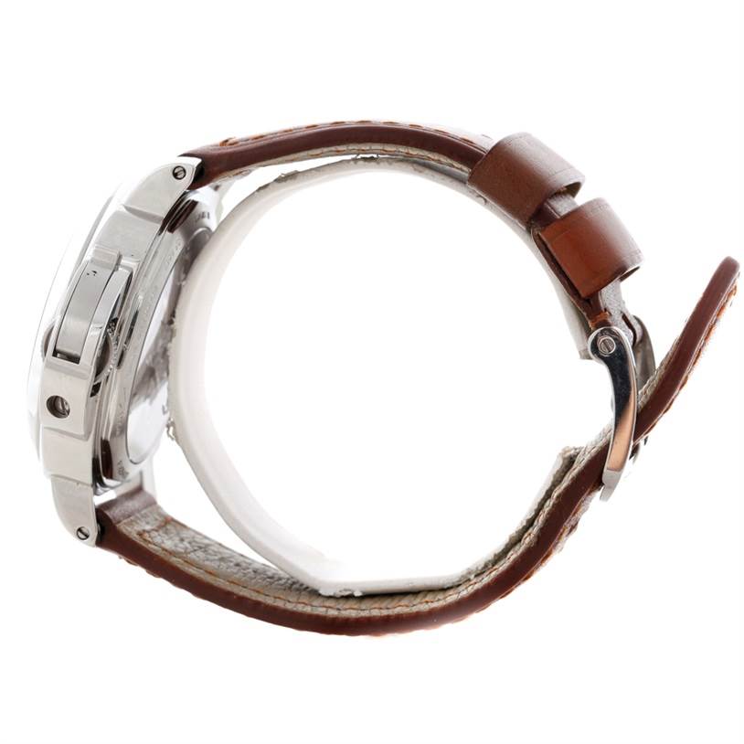 The image shows a side view of a Panerai Luminor PAM00111 Men's Stainless Steel Black Dial PAM00111 Men's Stainless Steel Black Dial watch, highlighting the case, crown guard, and brown leather strap.