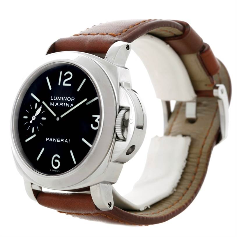 The image shows a side-angle view of the Panerai Luminor PAM00111 Men's Stainless Steel Black Dial PAM00111 Men's Stainless Steel Black Dial watch, focusing on its brown leather strap and protective crown guard.