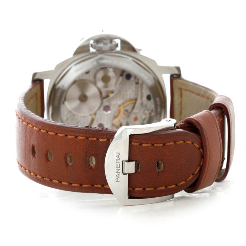 This image shows the back view of a Panerai Luminor PAM00111 Men's Stainless Steel Black Dial PAM00111 Men's Stainless Steel Black Dial watch, highlighting its leather strap and visible inner mechanics.