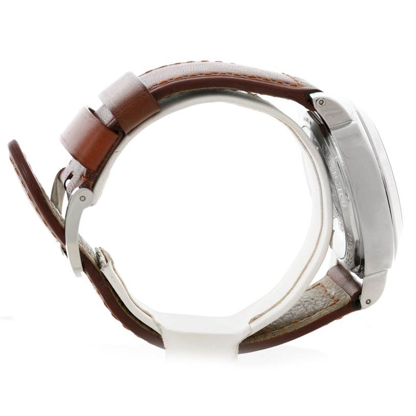 The image shows a side view of a Panerai Luminor PAM00111 Men's Stainless Steel Black Dial PAM00111 Men's Stainless Steel Black Dial watch, highlighting the case, buckle, and leather strap.