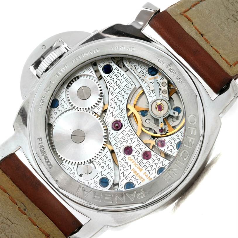 The image shows the back view of a Panerai Luminor PAM00111 Men's Stainless Steel Black Dial PAM00111 Men's Stainless Steel Black Dial watch, revealing its intricate mechanical movement.