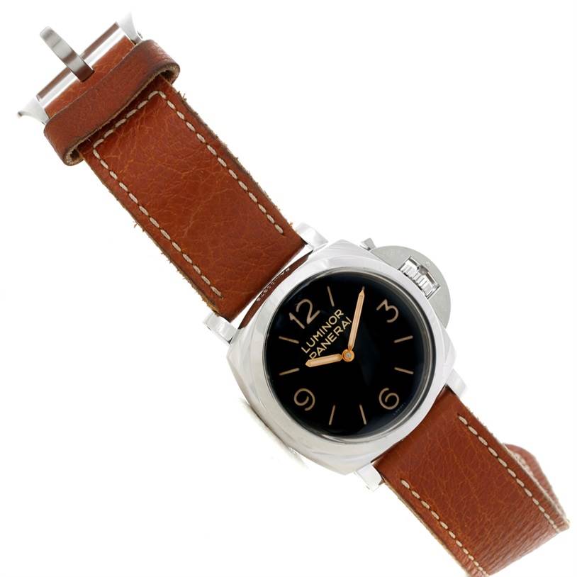 This image shows a top-down view of a Panerai Luminor PAM00372 Men
s Stainless Steel Black Dial PAM00372 Men
s Stainless Steel Black Dial watch with a brown leather strap and black dial.