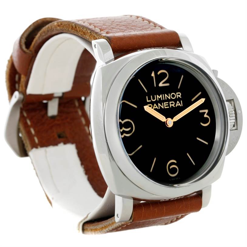 This Panerai Luminor PAM00372 Men
s Stainless Steel Black Dial PAM00372 Men
s Stainless Steel Black Dial watch is shown at a slight angle, displaying its black dial, brown leather strap, and distinctive crown guard.