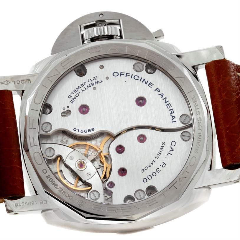 This image shows the back view of a Panerai Luminor PAM00372 Men
s Stainless Steel Black Dial PAM00372 Men
s Stainless Steel Black Dial watch, revealing the inner mechanical movement and balance wheel.