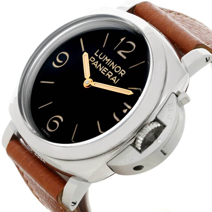 The Panerai Luminor PAM00372 Men
s Stainless Steel Black Dial PAM00372 Men
s Stainless Steel Black Dial watch is shown at an angled view, highlighting its black dial, numerals, hands, crown guard, and brown leather strap.