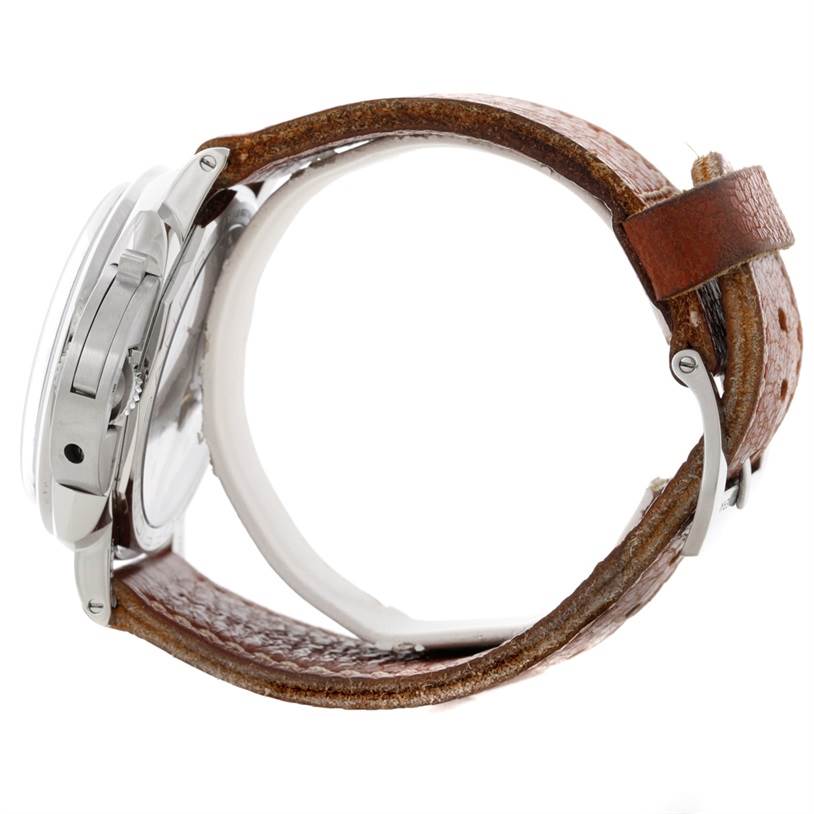 This side-view image shows the case, crown guard, and leather strap of a Panerai Luminor PAM00372 Men
s Stainless Steel Black Dial PAM00372 Men
s Stainless Steel Black Dial watch.