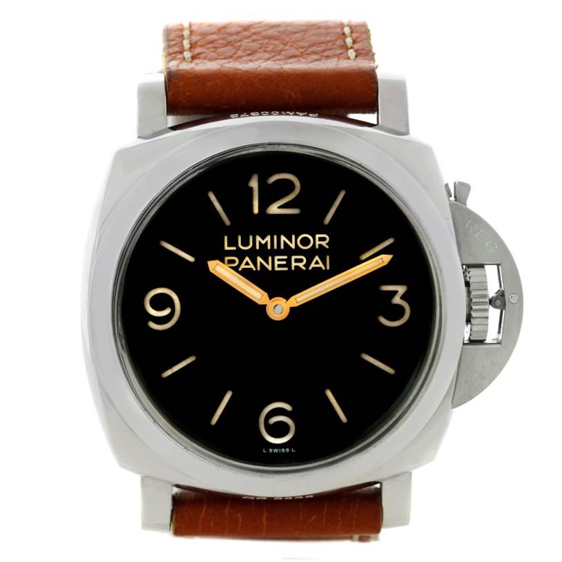 This image shows a frontal view of the Panerai Luminor PAM00372 Men
s Stainless Steel Black Dial PAM00372 Men
s Stainless Steel Black Dial watch, exhibiting its dial, casing, and brown leather strap.