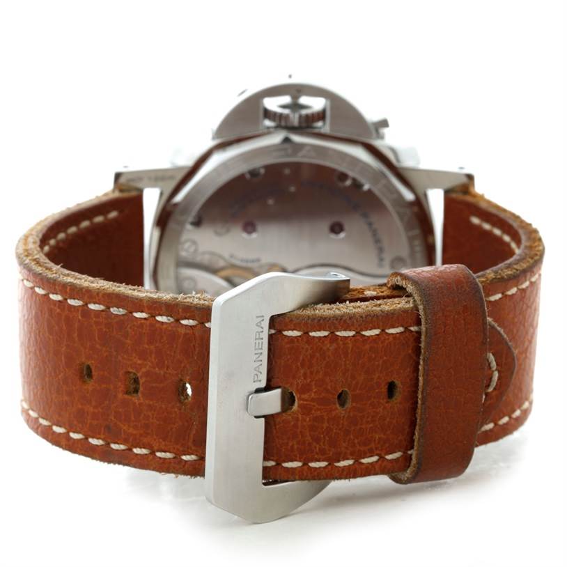 This image shows a rear view of the Panerai Luminor PAM00372 Men
s Stainless Steel Black Dial PAM00372 Men
s Stainless Steel Black Dial watch, focusing on the leather strap and metal buckle.