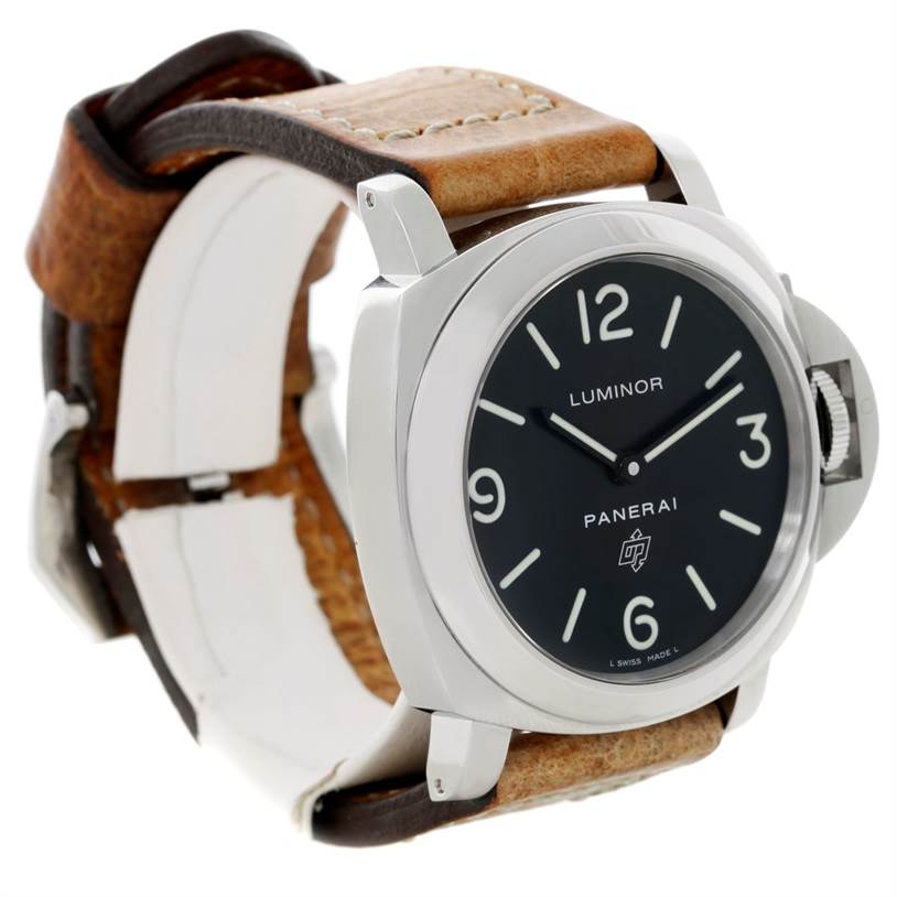 The image shows a Panerai Luminor PAM00000 Men
s Stainless Steel Black Dial PAM00000 Men
s Stainless Steel Black Dial watch at a slight side angle, displaying the case, dial, crown guard, and leather strap.