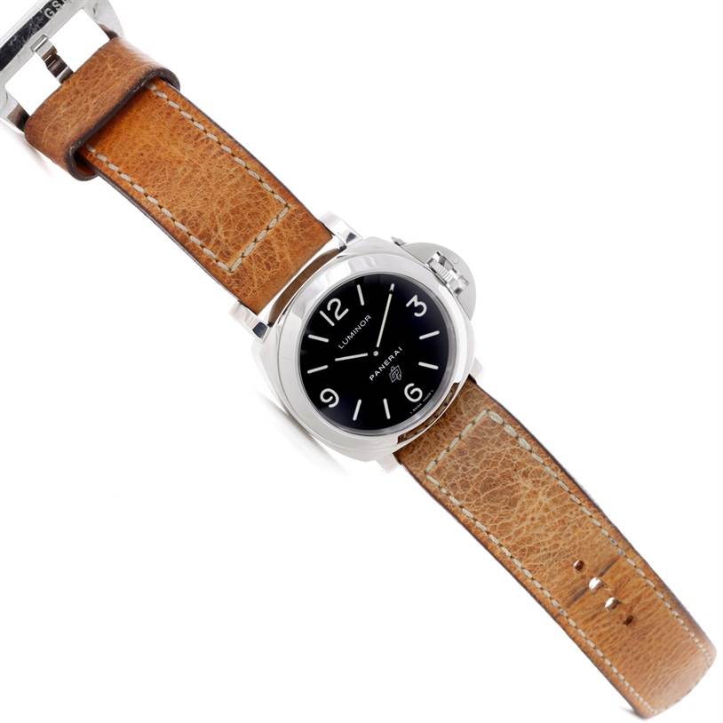 The image shows a Panerai Luminor PAM00000 Men
s Stainless Steel Black Dial PAM00000 Men
s Stainless Steel Black Dial watch, viewed from an angled top-down perspective, highlighting the dial, case, and leather strap.