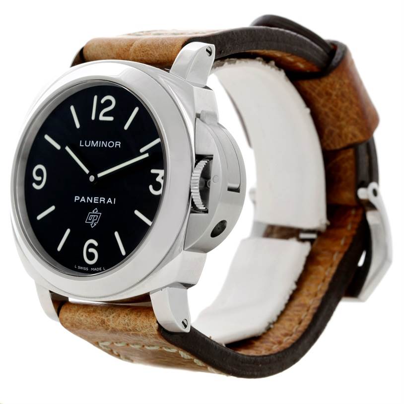 The image shows a side angle of a Panerai Luminor PAM00000 Men
s Stainless Steel Black Dial PAM00000 Men
s Stainless Steel Black Dial watch, highlighting the dial, case, crown guard, and leather strap.