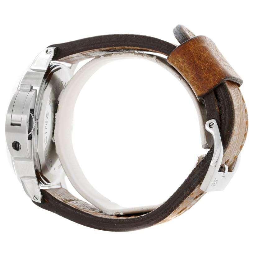 The image shows a side view of the Luminor model by Panerai, including the watch case and leather strap.