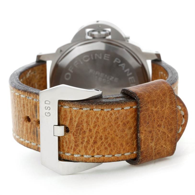 The image shows the rear angle of a Panerai Luminor PAM00000 Men
s Stainless Steel Black Dial PAM00000 Men
s Stainless Steel Black Dial watch, focusing on the leather strap and buckle.