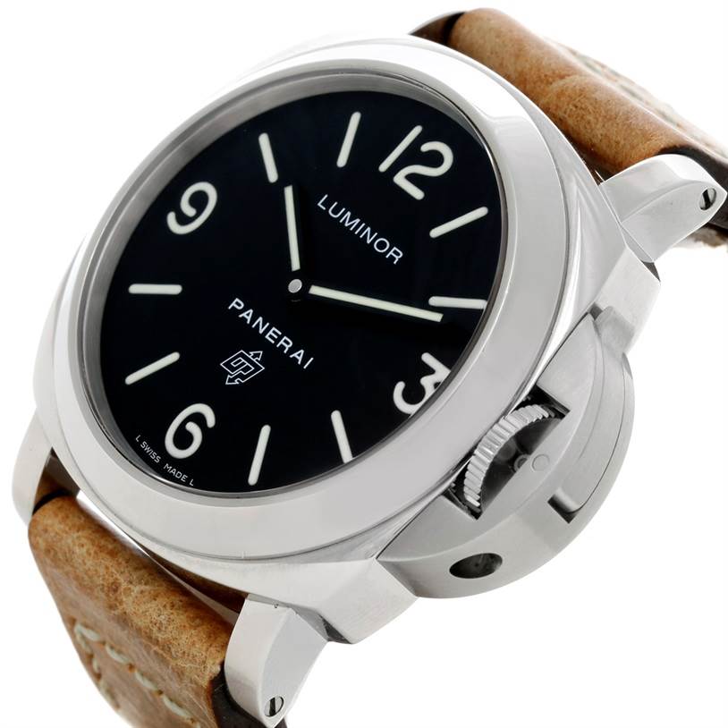 This image shows a Panerai Luminor PAM00000 Men
s Stainless Steel Black Dial PAM00000 Men
s Stainless Steel Black Dial watch, angled to display its black dial, crown guard, and leather strap.