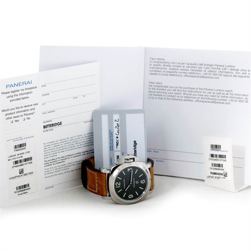 The image shows a Panerai Luminor PAM00000 Men
s Stainless Steel Black Dial PAM00000 Men
s Stainless Steel Black Dial watch at a slight angle, with its box, papers, and warranty card.