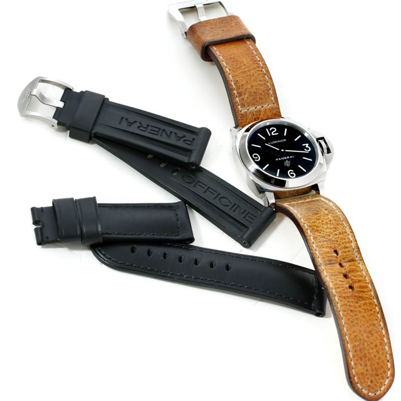 The image shows a Panerai Luminor PAM00000 Men
s Stainless Steel Black Dial PAM00000 Men
s Stainless Steel Black Dial watch with a brown leather strap and additional black rubber and leather strap options.