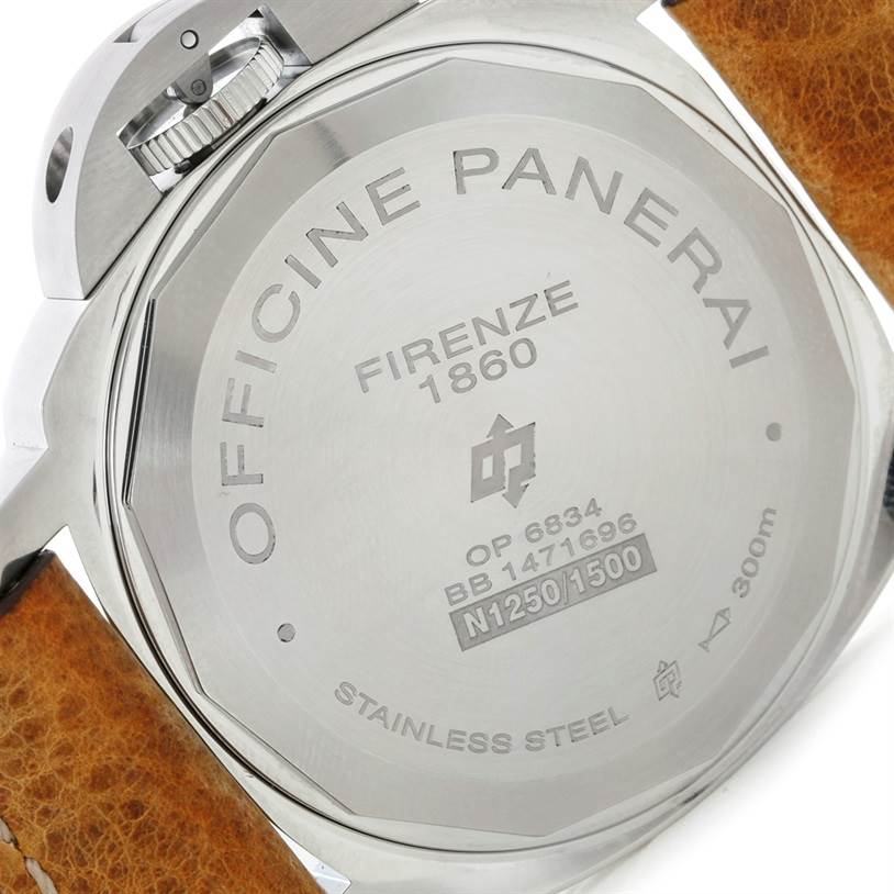 The image shows the back case of a Panerai Luminor PAM00000 Men
s Stainless Steel Black Dial PAM00000 Men
s Stainless Steel Black Dial watch, including the crown guard and leather strap.