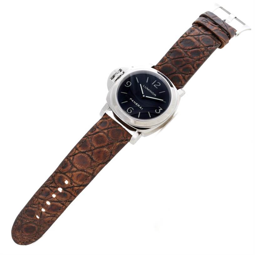 This image shows a Panerai Luminor PAM00219 Men's Stainless Steel Black Dial PAM00219 Men's Stainless Steel Black Dial watch at a slight angle, featuring its black dial, case, and brown leather strap.