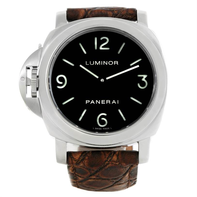 This image shows a front view of the Panerai Luminor PAM00219 Men's Stainless Steel Black Dial PAM00219 Men's Stainless Steel Black Dial watch with a black dial and brown leather strap.