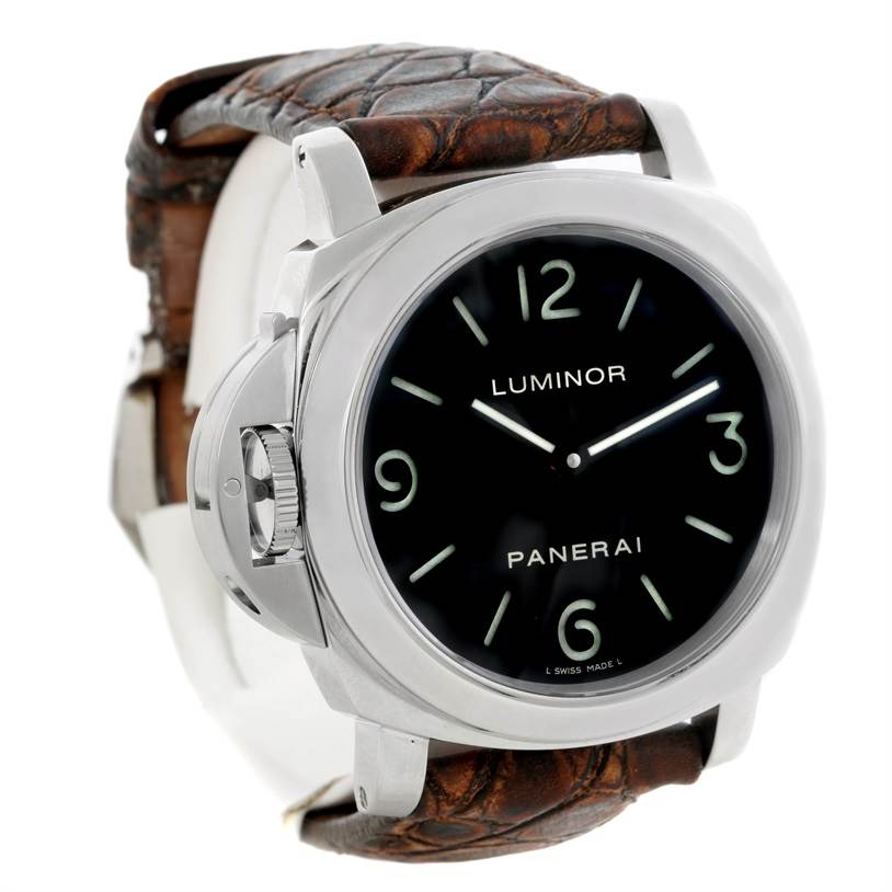 The image shows a front-left angular view of a Panerai Luminor PAM00219 Men's Stainless Steel Black Dial PAM00219 Men's Stainless Steel Black Dial watch, highlighting its black dial, crown guard, and brown leather strap.