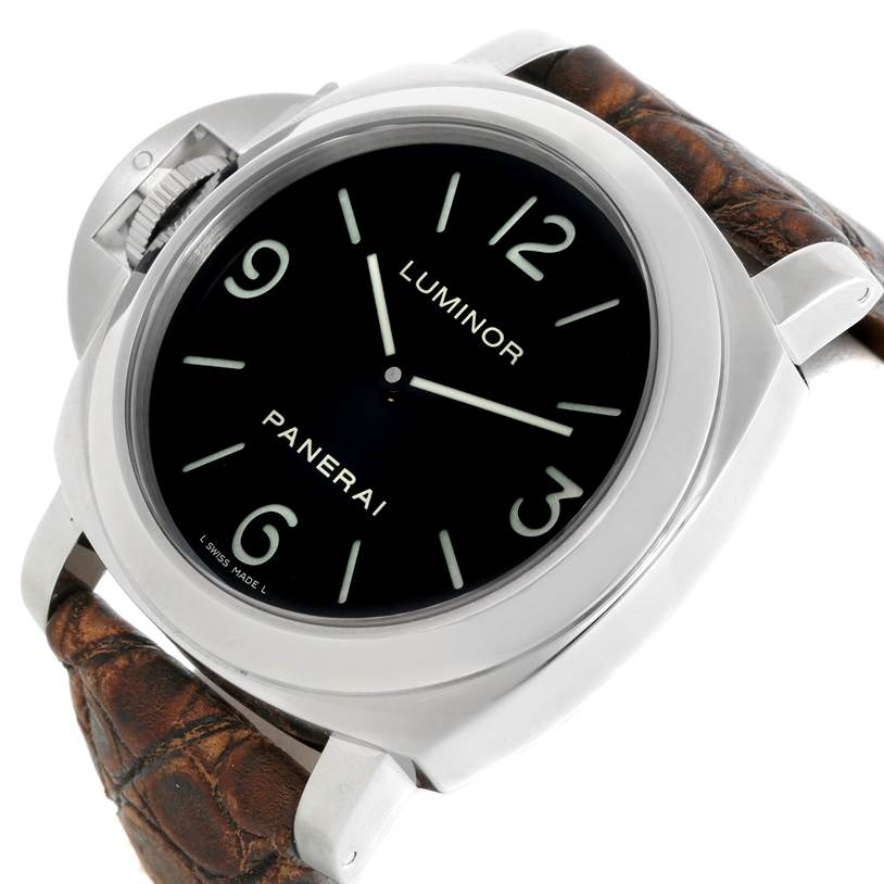 This image shows a Panerai Luminor PAM00219 Men's Stainless Steel Black Dial PAM00219 Men's Stainless Steel Black Dial watch at an angle, highlighting its black dial, silver case, and brown leather strap.