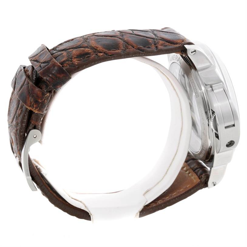 The side view shows the crown guard, caseback, and leather strap of the Panerai Luminor PAM00219 Men's Stainless Steel Black Dial PAM00219 Men's Stainless Steel Black Dial watch.