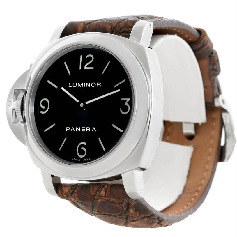 The image shows a close-up, angled view of a Panerai Luminor PAM00219 Men's Stainless Steel Black Dial PAM00219 Men's Stainless Steel Black Dial watch focusing on the face, bezel, and part of the leather strap.