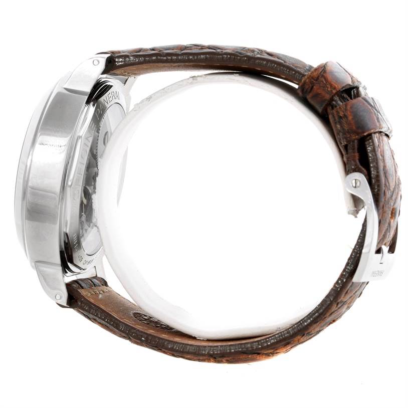 The image shows a side view of a Panerai Luminor PAM00219 Men's Stainless Steel Black Dial PAM00219 Men's Stainless Steel Black Dial watch, focusing on the case back and brown leather strap.