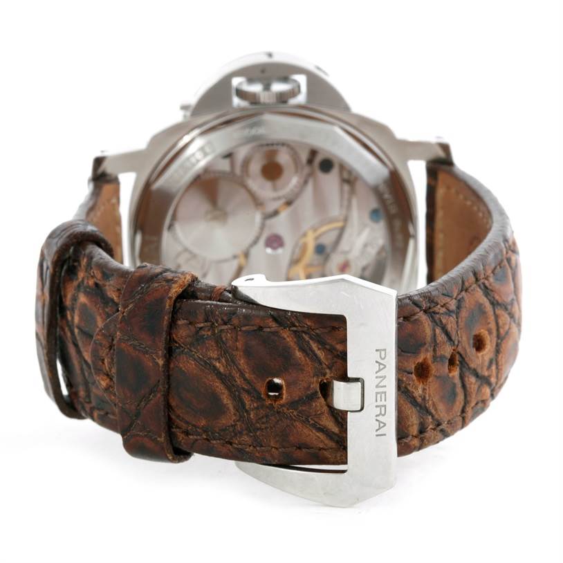 The image shows the back view of a Panerai Luminor PAM00219 Men's Stainless Steel Black Dial PAM00219 Men's Stainless Steel Black Dial watch with its leather strap and buckle clearly visible.