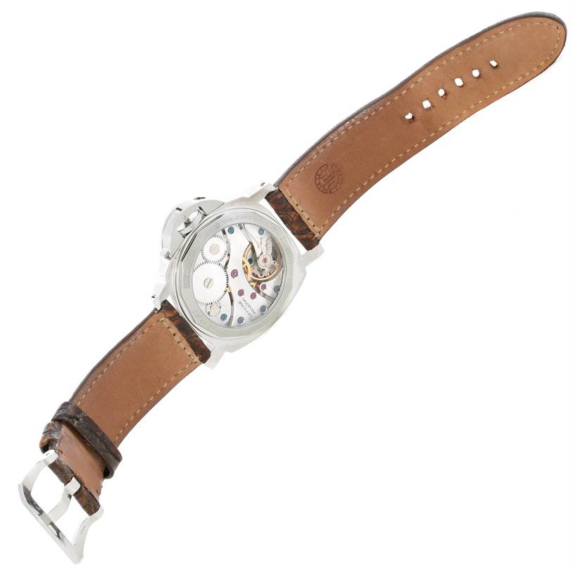 The image shows the back view of a Panerai Luminor PAM00219 Men's Stainless Steel Black Dial PAM00219 Men's Stainless Steel Black Dial model watch, highlighting its internal mechanism and brown leather strap.