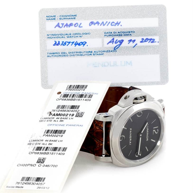 The image shows a Panerai Luminor PAM00219 Men's Stainless Steel Black Dial PAM00219 Men's Stainless Steel Black Dial watch at a slight side angle, along with tags and a purchase card.