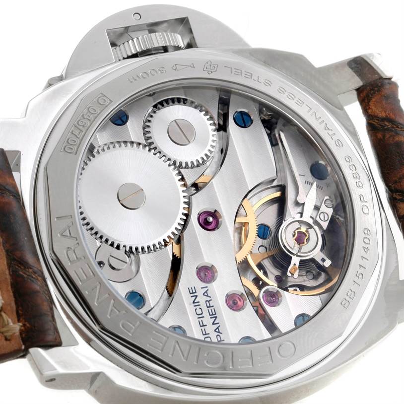 This image shows the back of a Panerai Luminor PAM00219 Men's Stainless Steel Black Dial PAM00219 Men's Stainless Steel Black Dial watch, highlighting its exposed mechanical movement.