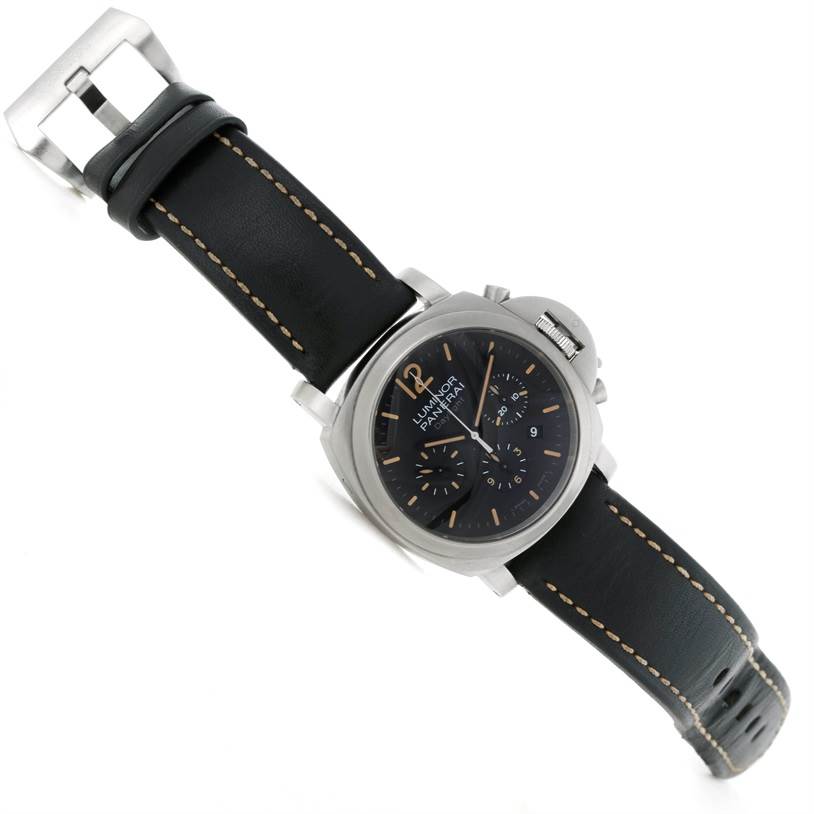 The image shows a Panerai Luminor PAM00356 Men's Stainless Steel Black Dial PAM00356 Men's Stainless Steel Black Dial watch at an angled top-down view, highlighting its black dial, black leather strap, and stainless steel case.