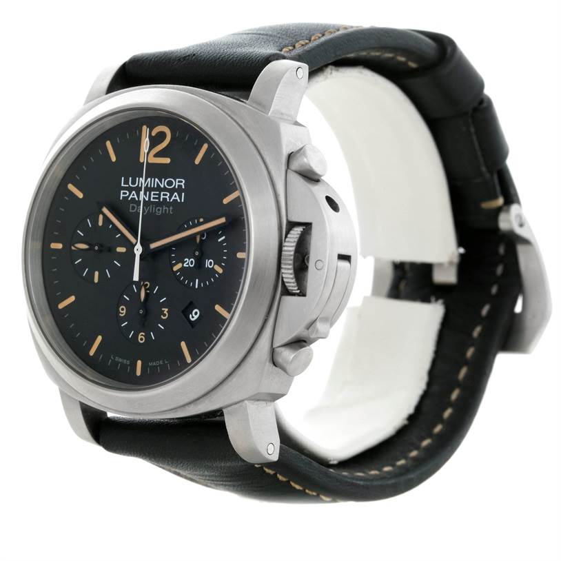 The image shows a Panerai Luminor PAM00356 Men's Stainless Steel Black Dial PAM00356 Men's Stainless Steel Black Dial watch at a three-quarter angle, highlighting its face, crown guard, and leather strap.