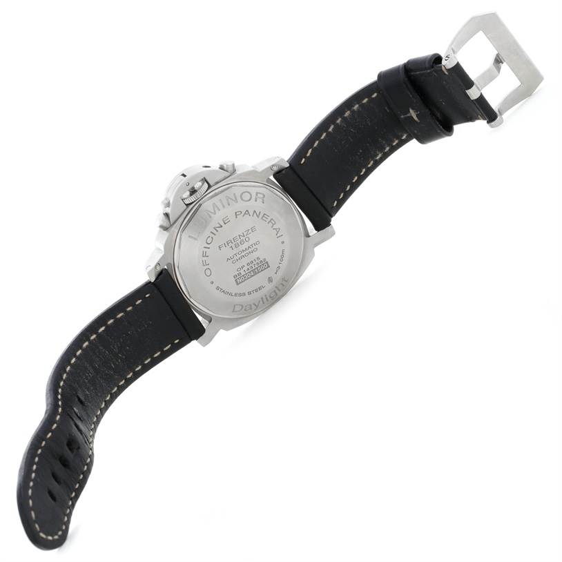 The image shows the backside of a Panerai Luminor PAM00356 Men's Stainless Steel Black Dial PAM00356 Men's Stainless Steel Black Dial watch, detailing the case back and black leather strap with buckle.