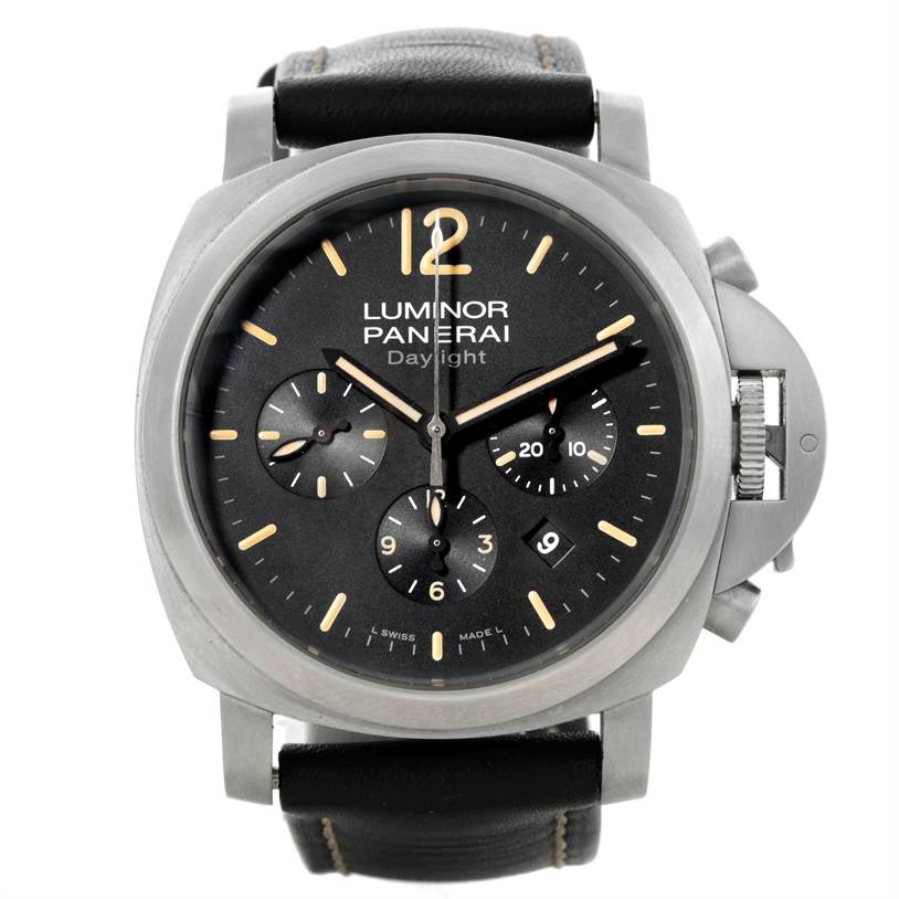 The image shows a front view of a Panerai Luminor PAM00356 Men's Stainless Steel Black Dial PAM00356 Men's Stainless Steel Black Dial model watch, displaying the dial, subdials, and crown guard.