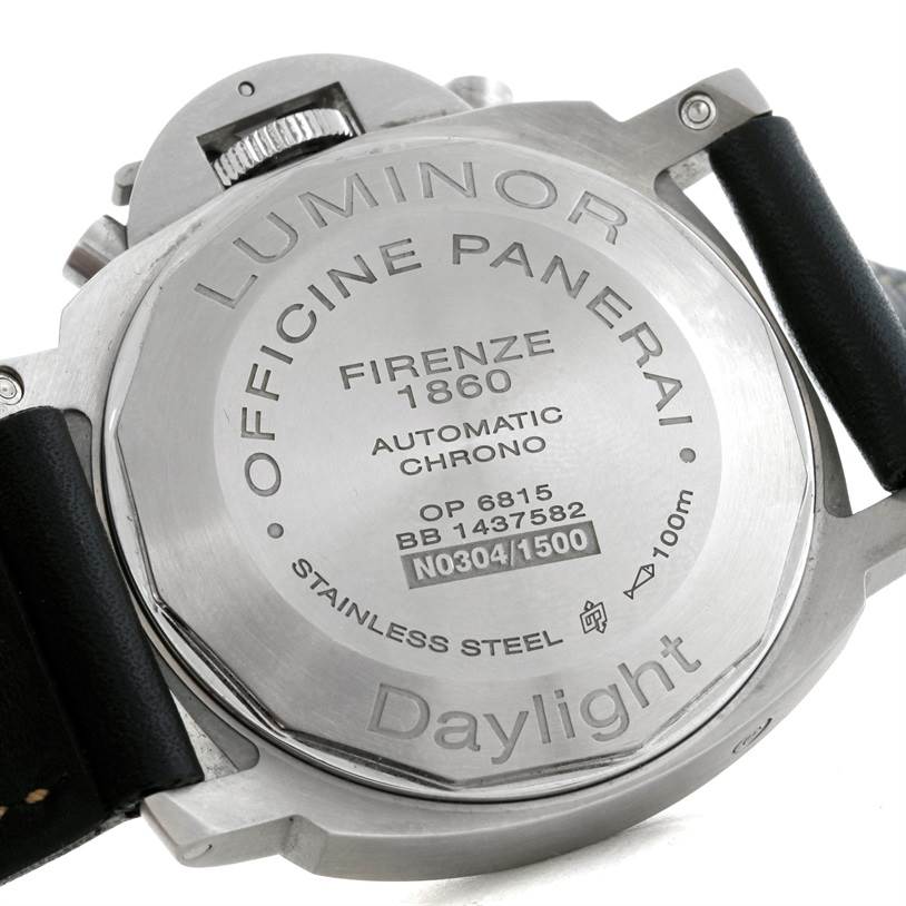 The image shows the case back of a Panerai Luminor PAM00356 Men's Stainless Steel Black Dial PAM00356 Men's Stainless Steel Black Dial watch, showing engravings and part of the leather strap.