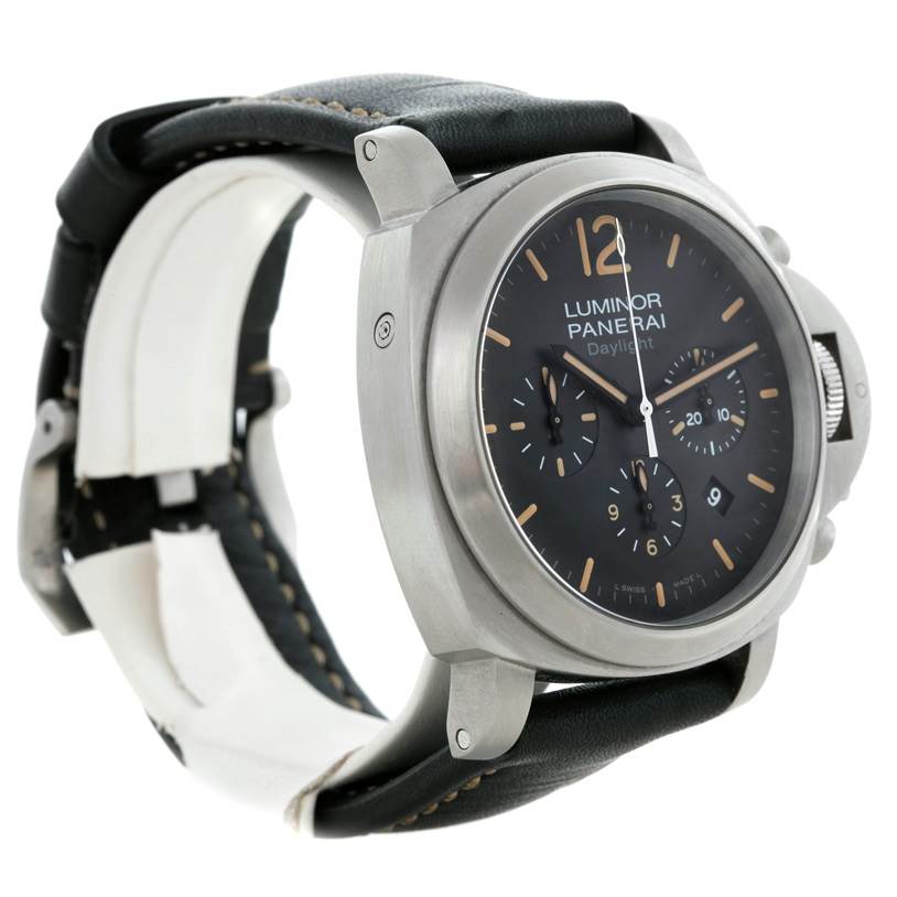 The image shows a Panerai Luminor PAM00356 Men's Stainless Steel Black Dial PAM00356 Men's Stainless Steel Black Dial watch at an angle highlighting its black dial, crown protector, and leather strap.