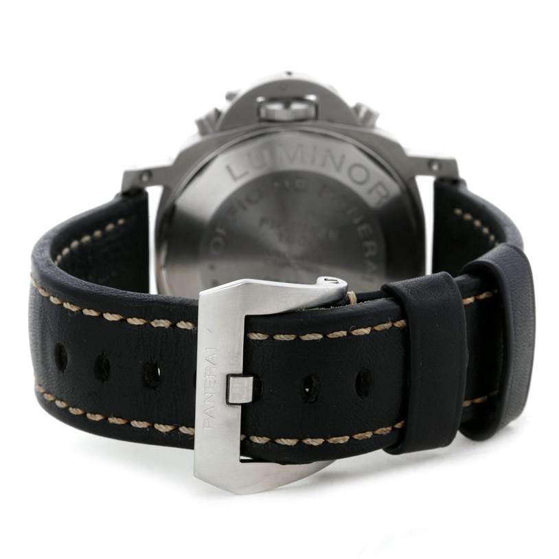 The image shows the back view of a Panerai Luminor PAM00356 Men's Stainless Steel Black Dial PAM00356 Men's Stainless Steel Black Dial watch, focusing on the case back and the black leather strap with its buckle.