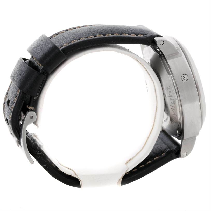 This image shows the side profile view of a Panerai Luminor PAM00356 Men's Stainless Steel Black Dial PAM00356 Men's Stainless Steel Black Dial watch, highlighting the case and the leather strap with buckle.