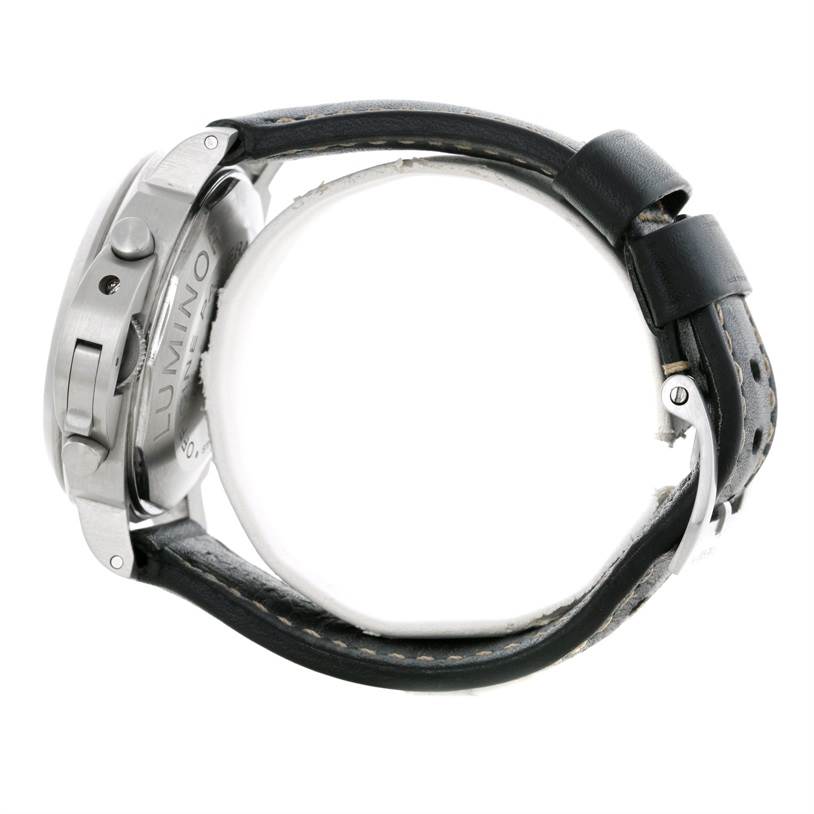 The side view of the Panerai Luminor PAM00356 Men's Stainless Steel Black Dial PAM00356 Men's Stainless Steel Black Dial model watch showing the case, crown, and black leather strap.