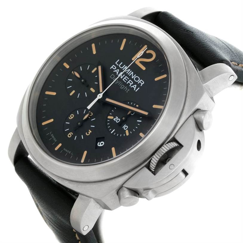 This image shows a Panerai Luminor PAM00356 Men's Stainless Steel Black Dial PAM00356 Men's Stainless Steel Black Dial watch at an angled close-up, displaying the dial, crown guard, and part of the leather strap.