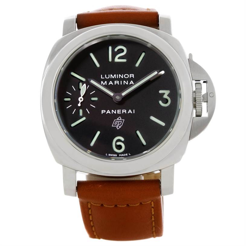 The image shows a front view of a Panerai Luminor PAM00005 Men's Stainless Steel Black Dial PAM00005 Men's Stainless Steel Black Dial Marina watch with a brown leather strap and a black dial.