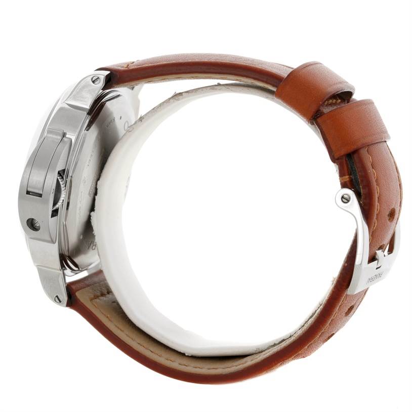 The image shows the side view of a Panerai Luminor PAM00005 Men's Stainless Steel Black Dial PAM00005 Men's Stainless Steel Black Dial watch, highlighting its case, crown guard, and brown leather strap.