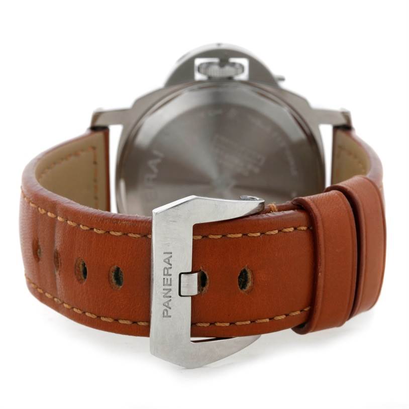 The image shows the back view of a Panerai Luminor PAM00005 Men's Stainless Steel Black Dial PAM00005 Men's Stainless Steel Black Dial watch, highlighting the buckle and leather strap.