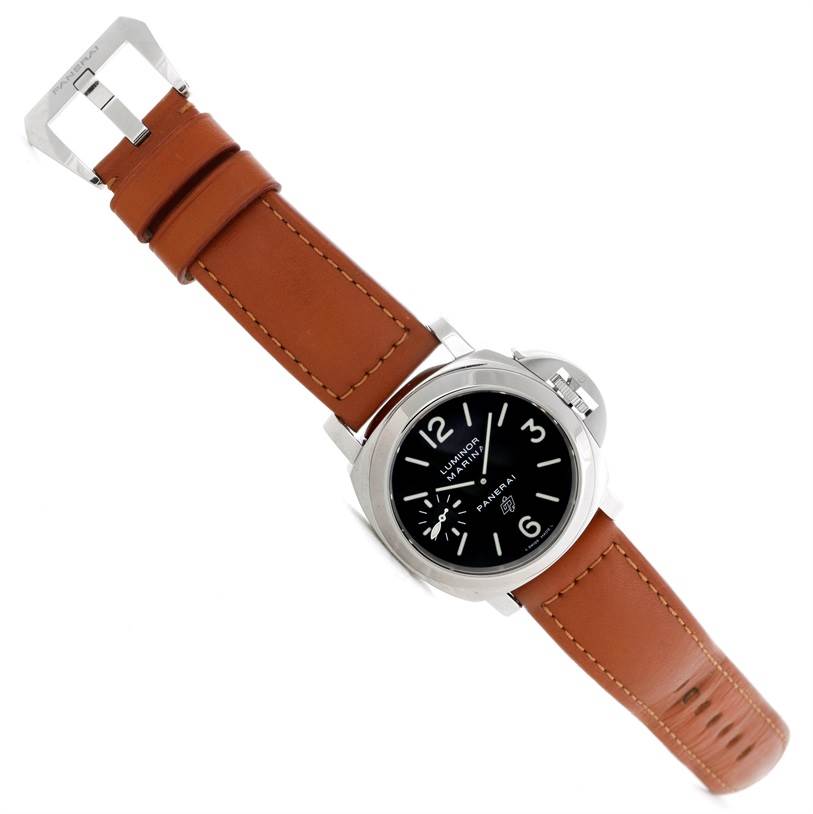 The image shows a top view of a Panerai Luminor PAM00005 Men's Stainless Steel Black Dial PAM00005 Men's Stainless Steel Black Dial watch with a brown leather strap and a black dial.