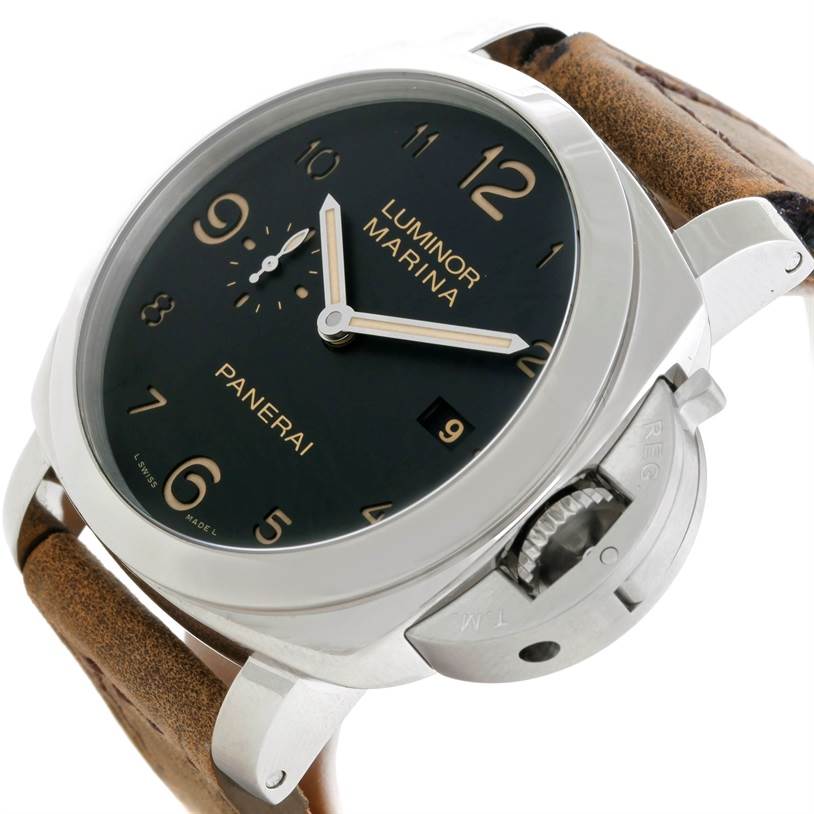 The image shows a close-up angle of a Panerai Luminor PAM00359 Men's Stainless Steel Black Dial PAM00359 Men's Stainless Steel Black Dial watch, highlighting its dial, crown guard, and brown leather strap.