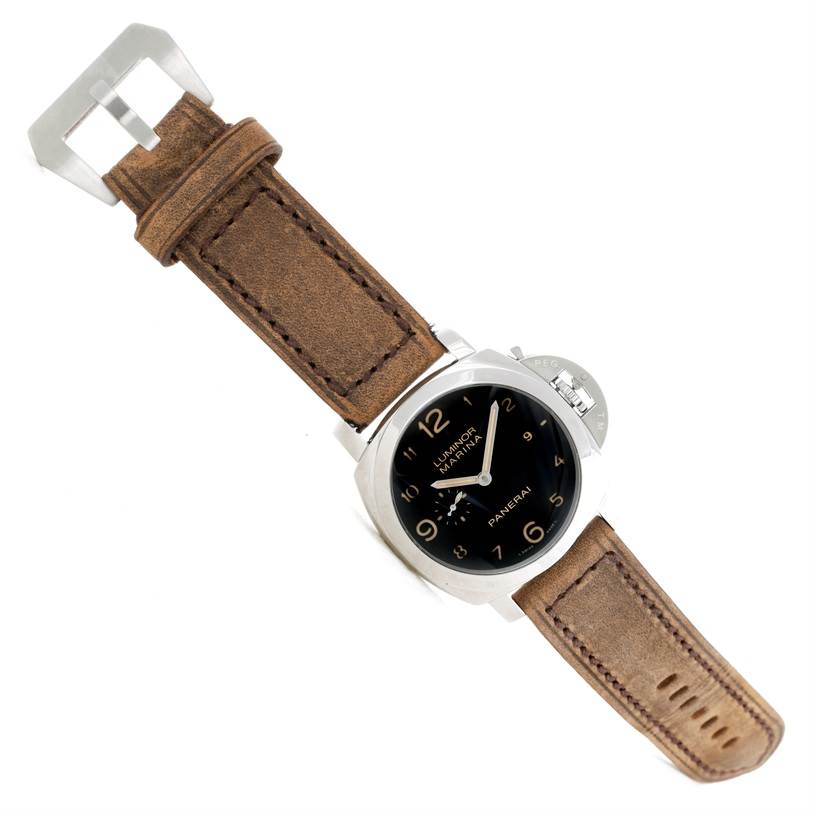 This image shows a Panerai Luminor PAM00359 Men's Stainless Steel Black Dial PAM00359 Men's Stainless Steel Black Dial watch at an oblique angle, displaying its face, crown guard, and brown leather strap.