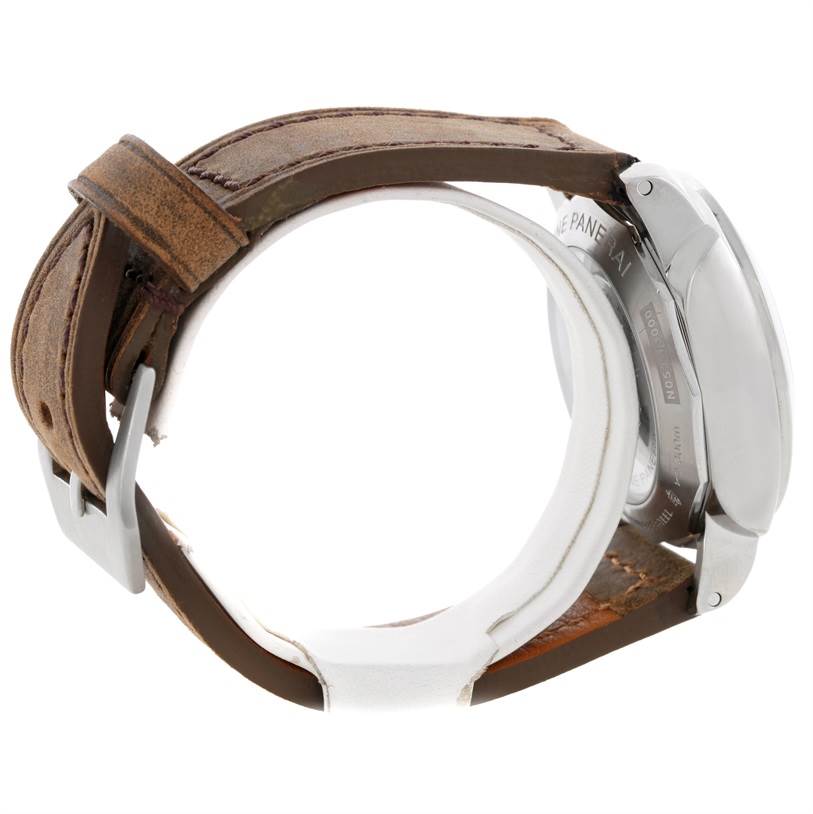 The image shows a side view of a Panerai Luminor PAM00359 Men's Stainless Steel Black Dial PAM00359 Men's Stainless Steel Black Dial watch, highlighting its leather strap and stainless steel case back.